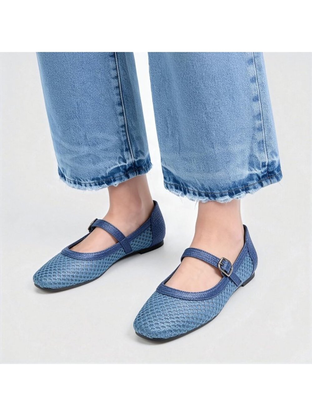 Women's Blue Woven Comfortable Ankle Strap Square Toe Mary Jane Ballet Flat - Picture 2 of 6